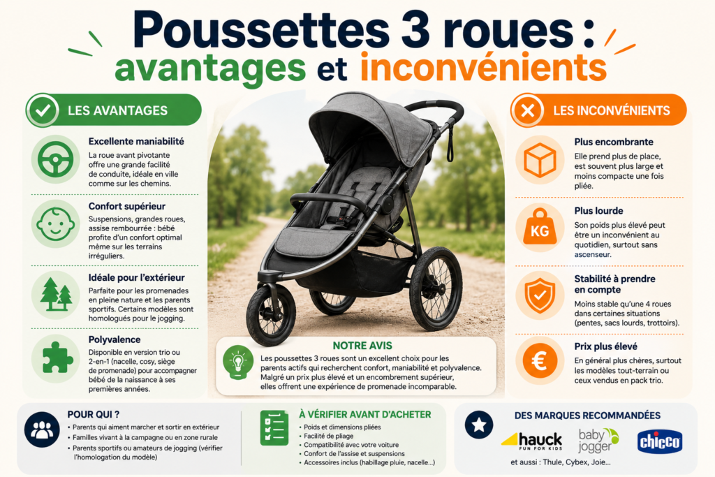 Poussettes 3 roues : avantages et inconvénients